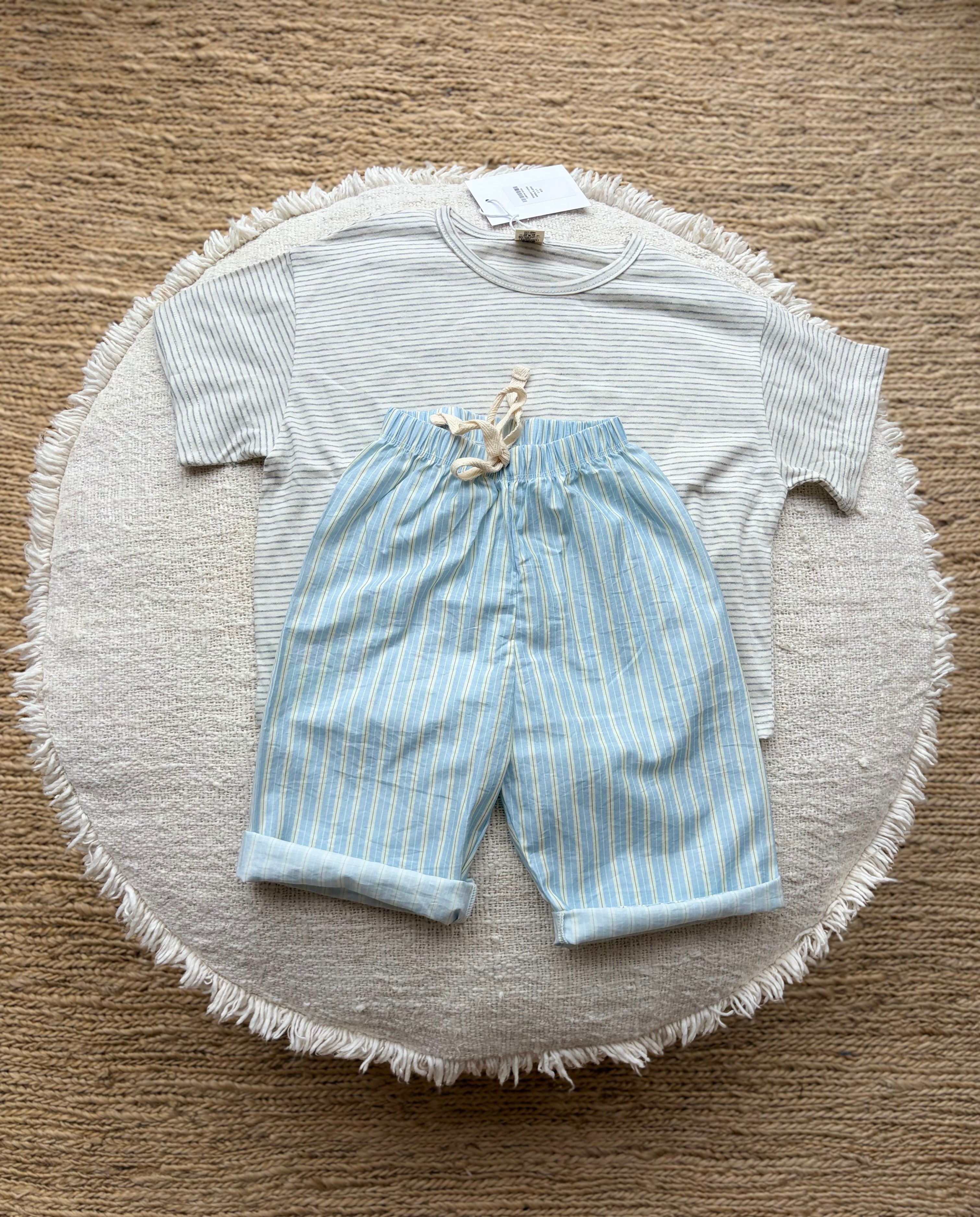 Gestreepte broek - botergeel & blauw