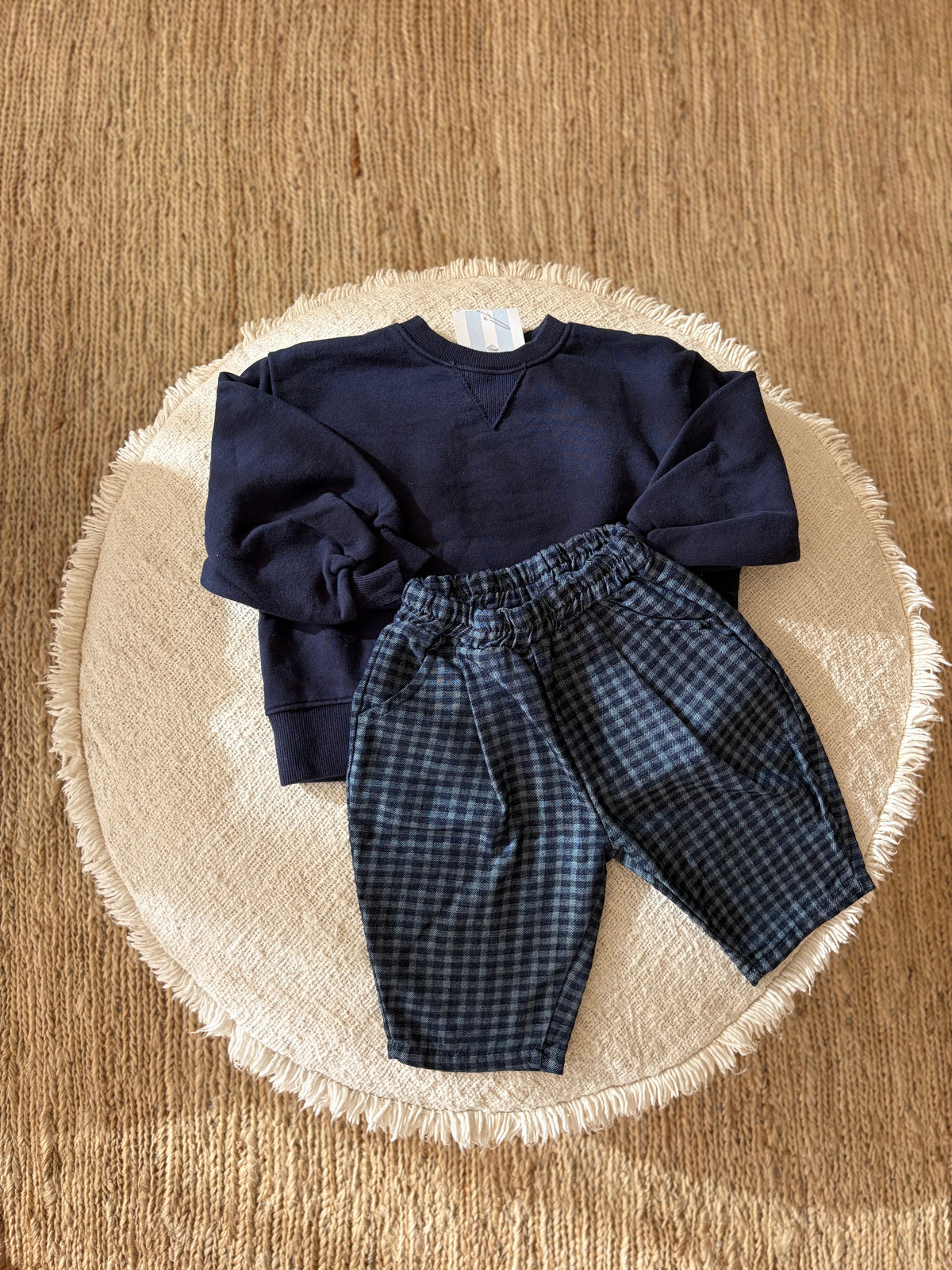 Geruite denim look broek